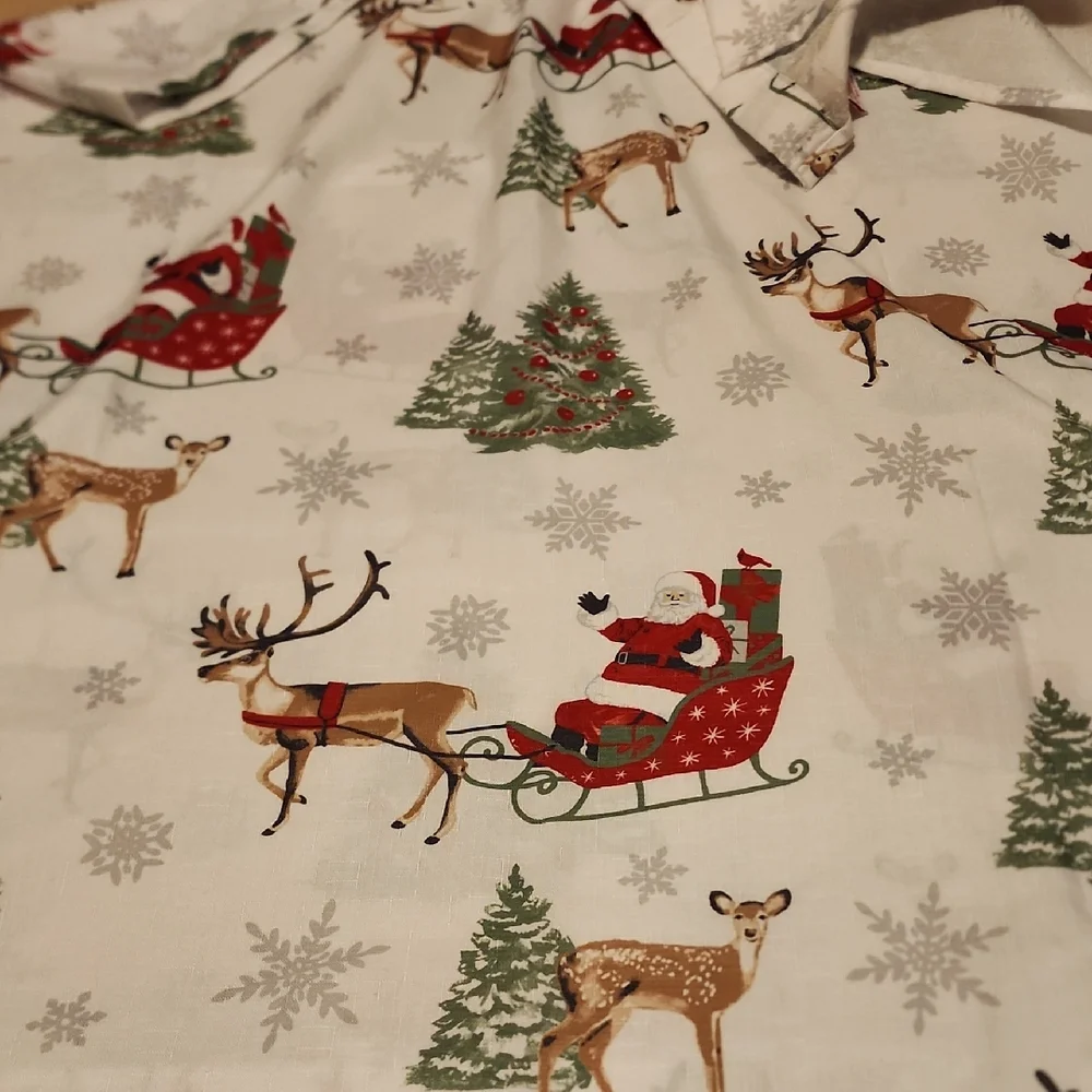 CHRISTMAS Shower Curtain North Pole w/SANTA, SLEIGH, TREES, DEER, Snowflakes